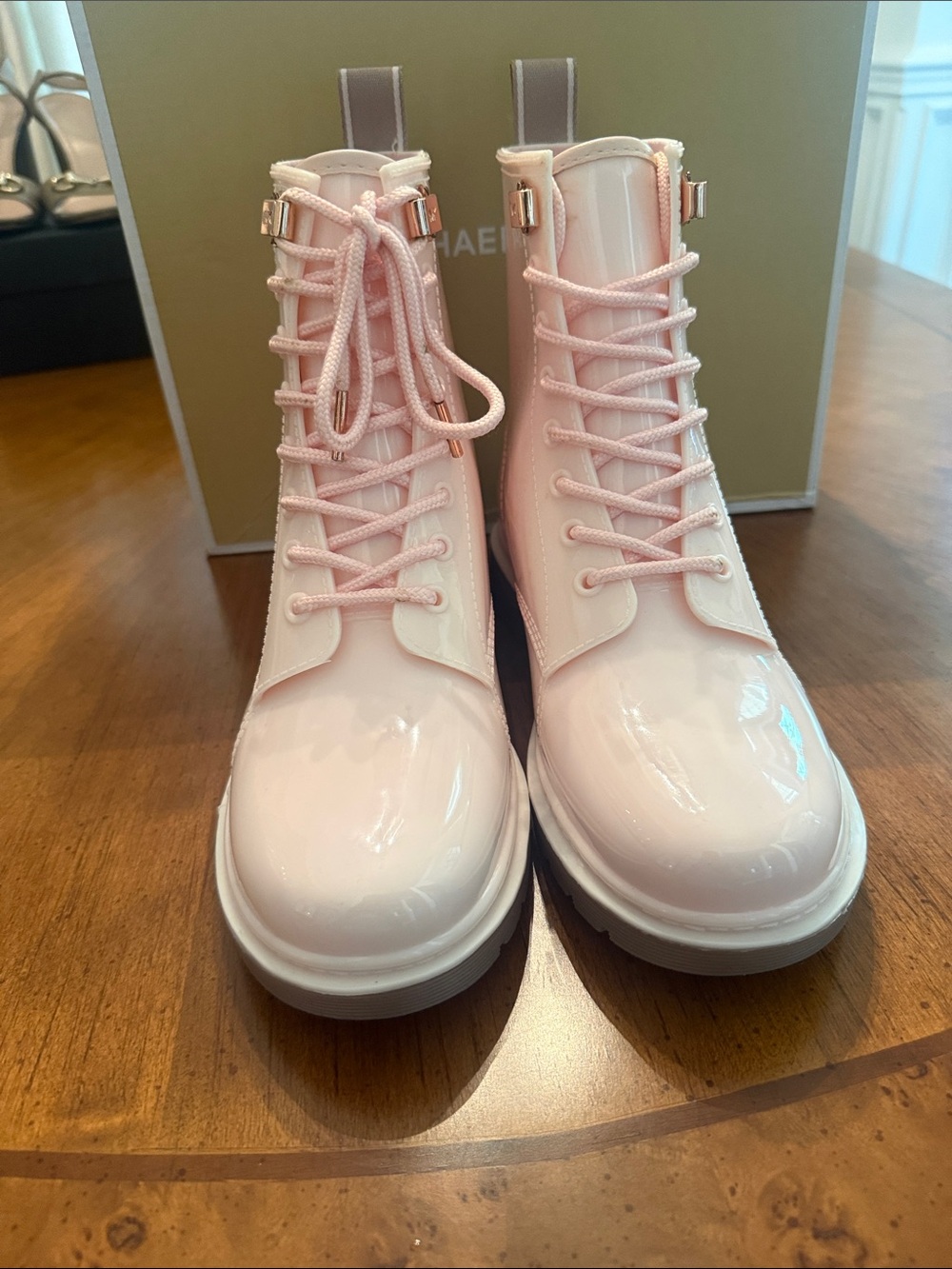 Michael Kors Pink Patent Lace-Up Combat Rain Boots - Picture 2 of 6